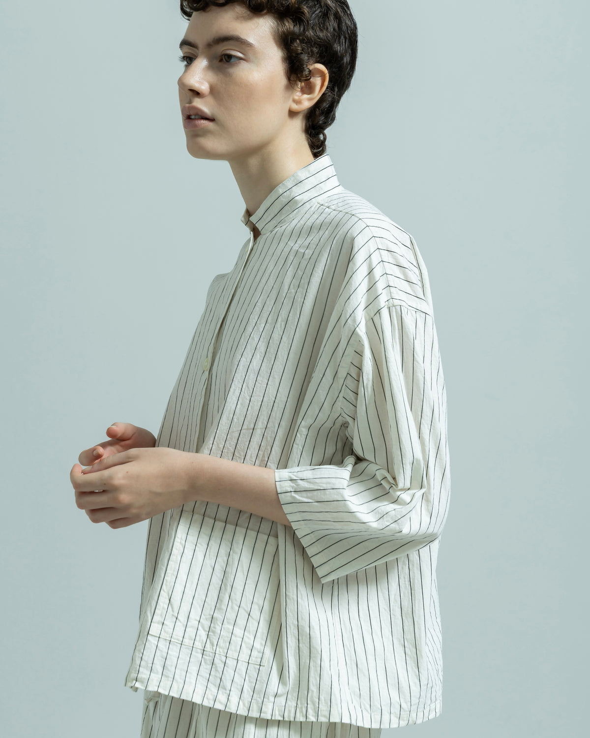 COTTON LINEN STRIPE W OPEN POCKET COLLAR SHIRT（コットンリネン 
