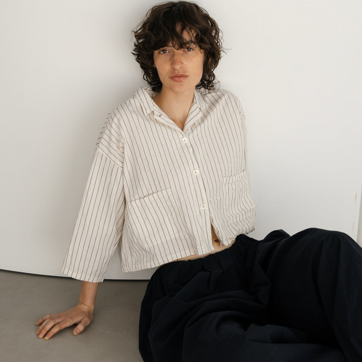 COTTON LINEN STRIPE W POCKET SHIRT（コットンリネンストライプダブル 