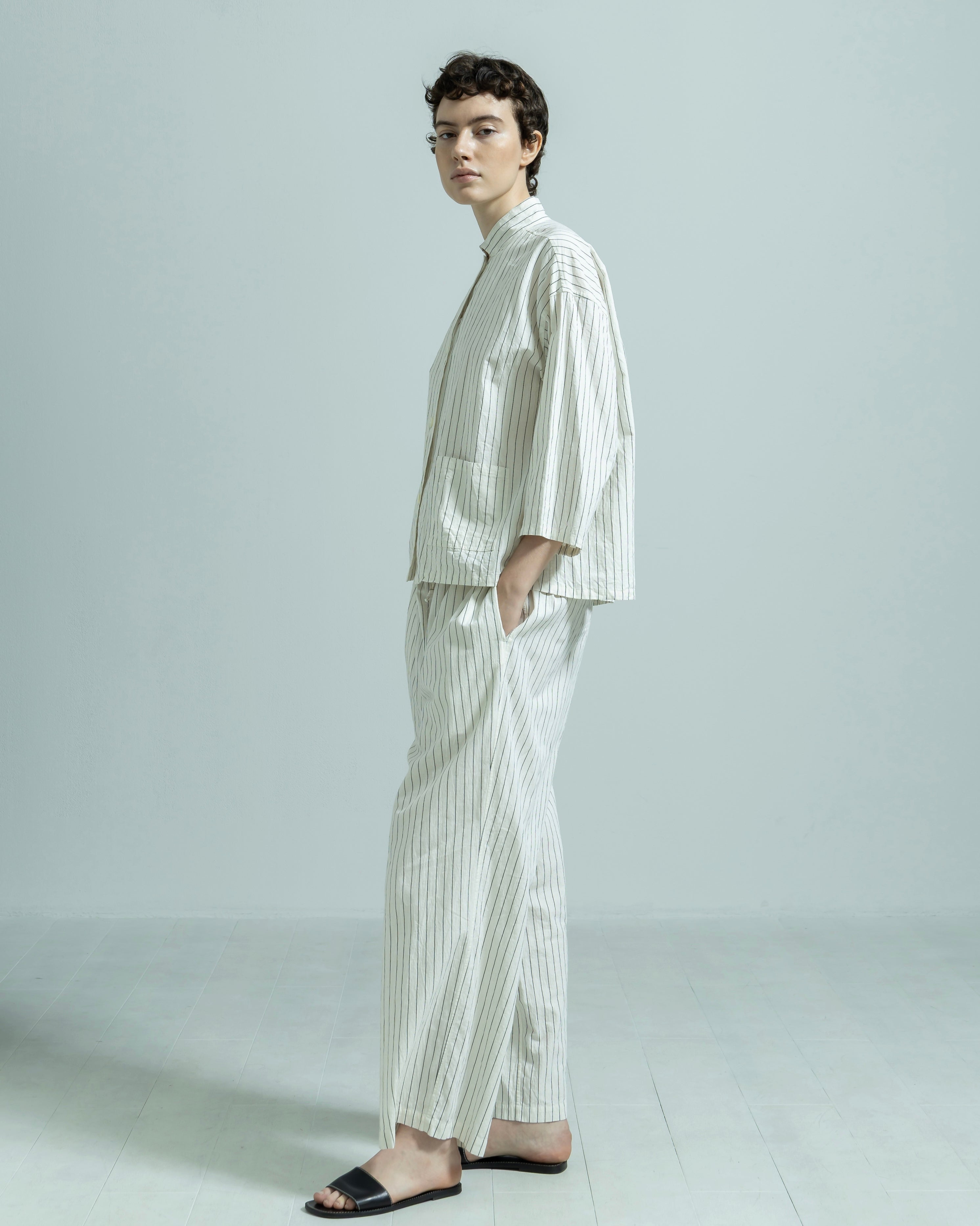 COTTON LINEN STRIPE W OPEN POCKET COLLAR SHIRT（コットンリネンダブルストライプオープンポケットシャツ）｜BIYOMA（ビヨーマ）OFFICIAL ONLINE STORE