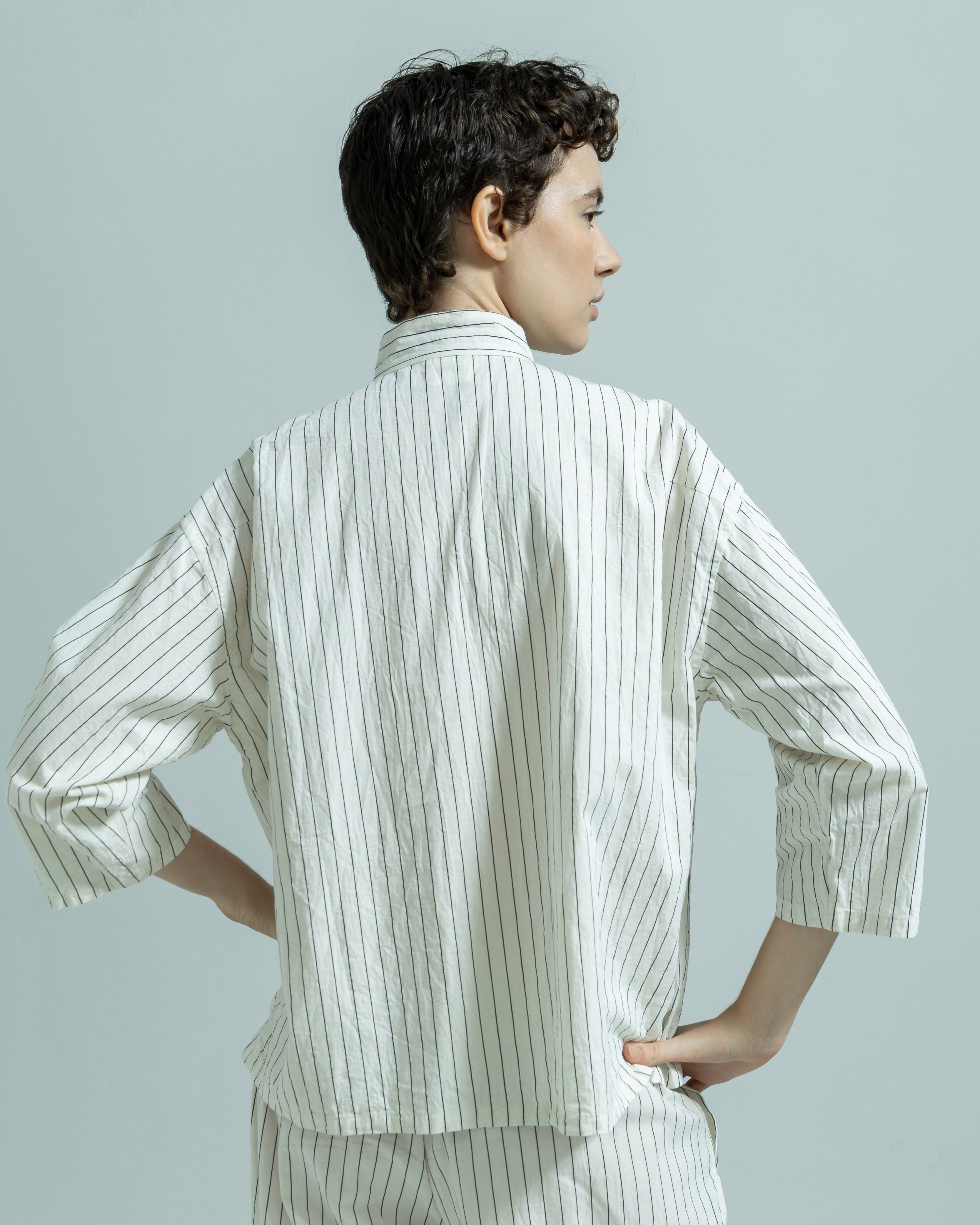 COTTON LINEN STRIPE W OPEN POCKET COLLAR SHIRT（コットンリネンダブルストライプオープンポケットシャツ）｜BIYOMA（ビヨーマ）OFFICIAL ONLINE STORE